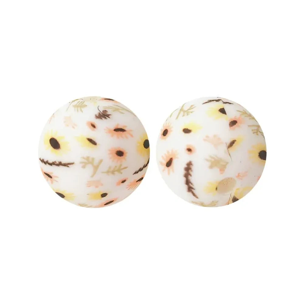 15mm Flowers Printed Silicone Bead for DIY Bracelets Keychains Pens