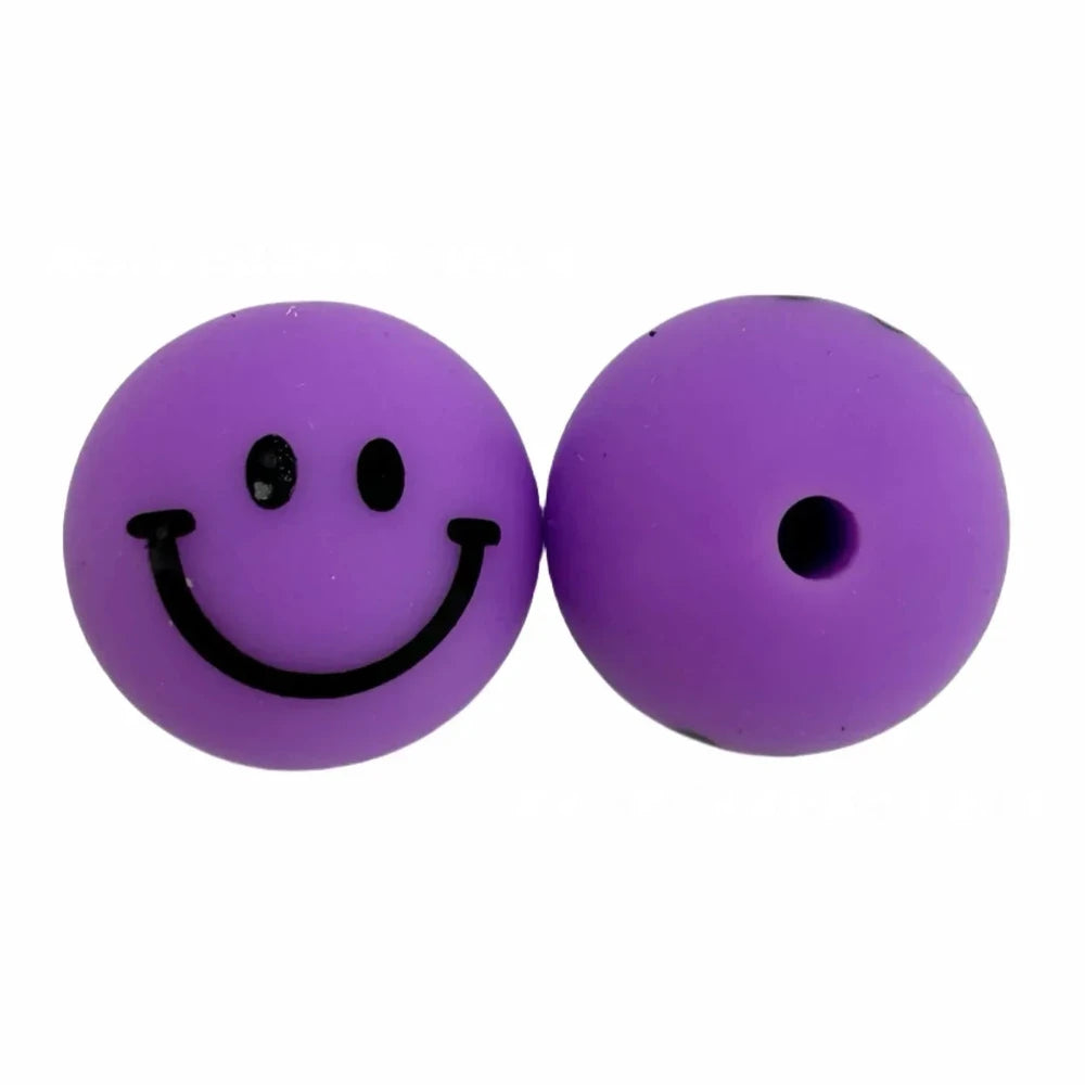 15mm Smiley Face Purple Printed Silicone Bead for DIY Bracelets Keychains