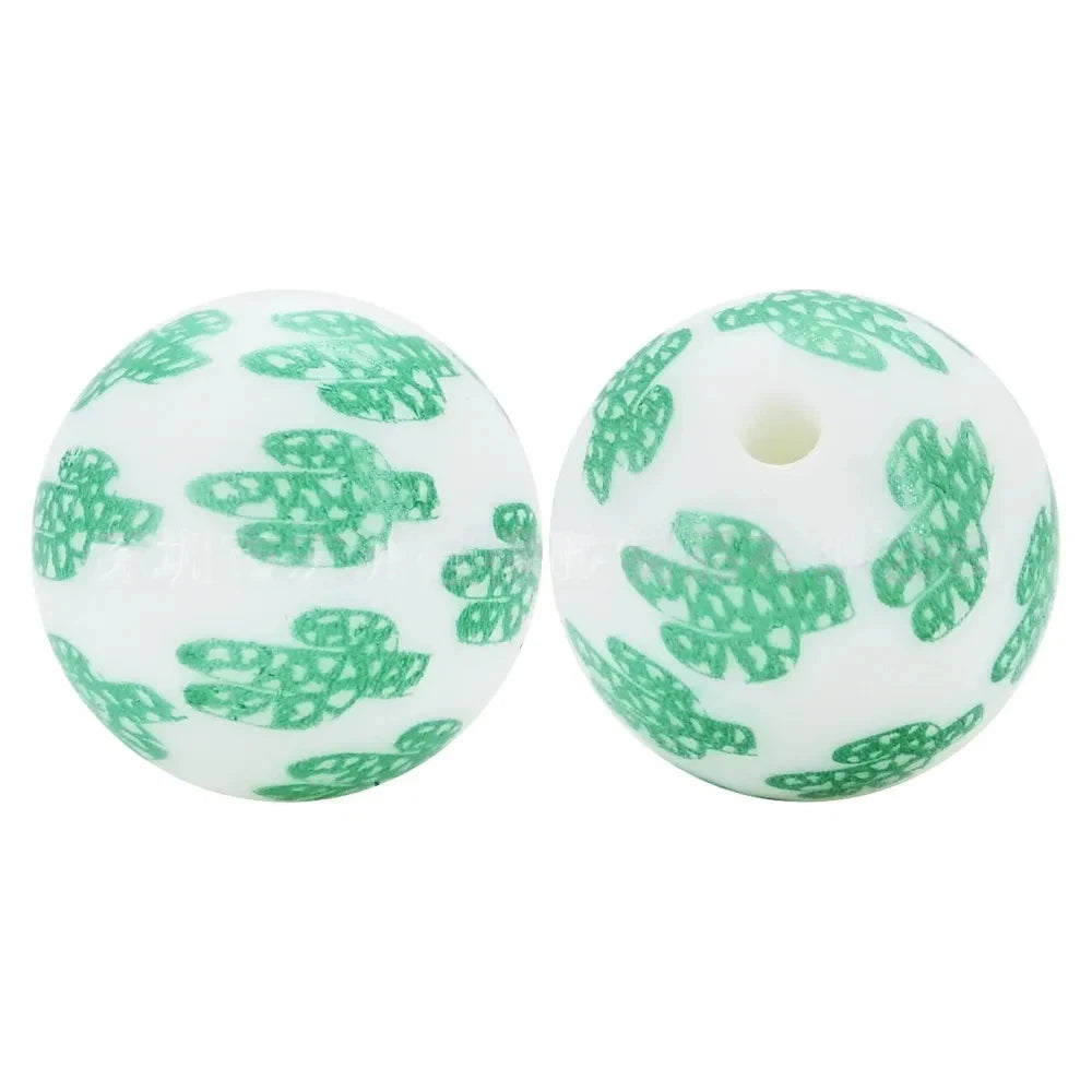 15mm Cactus Printed Silicone Bead for DIY Keychains Pens