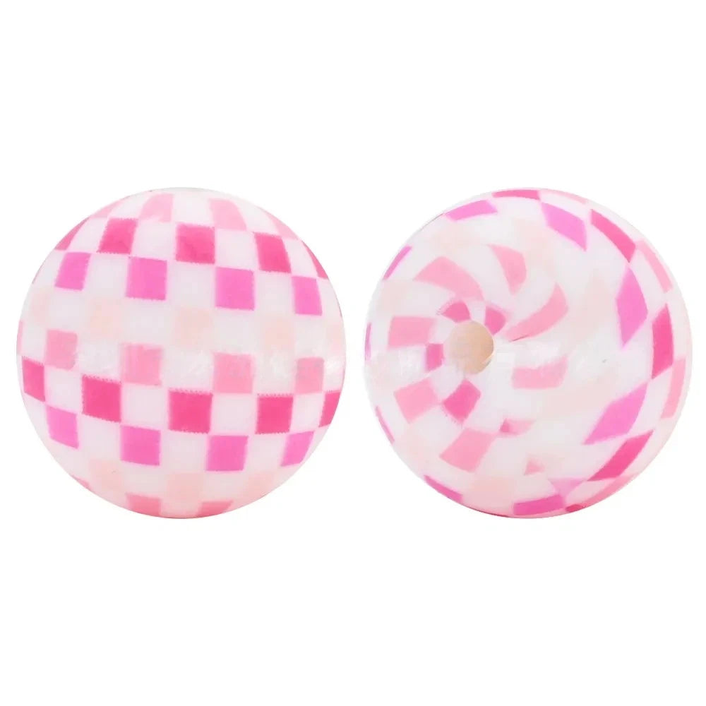 15mm Pink Checkered Pattern Printed Silicone Bead for DIY Keychains Pens