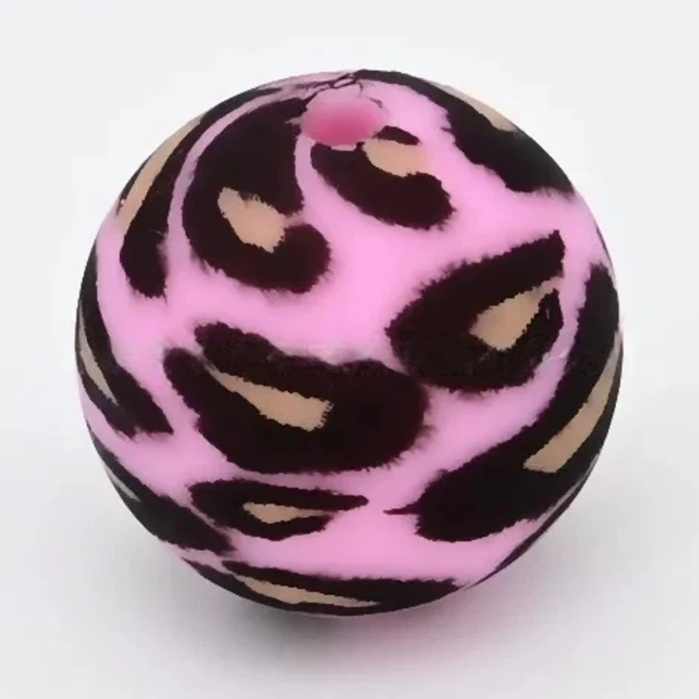 15mm Yellow Leopard on Pink Printed Silicone Bead for DIY Keychains Pens