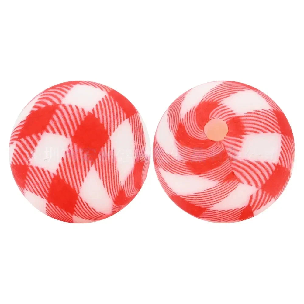 15mm Red Checkered Pattern Printed Silicone Bead for DIY Keychains Pens