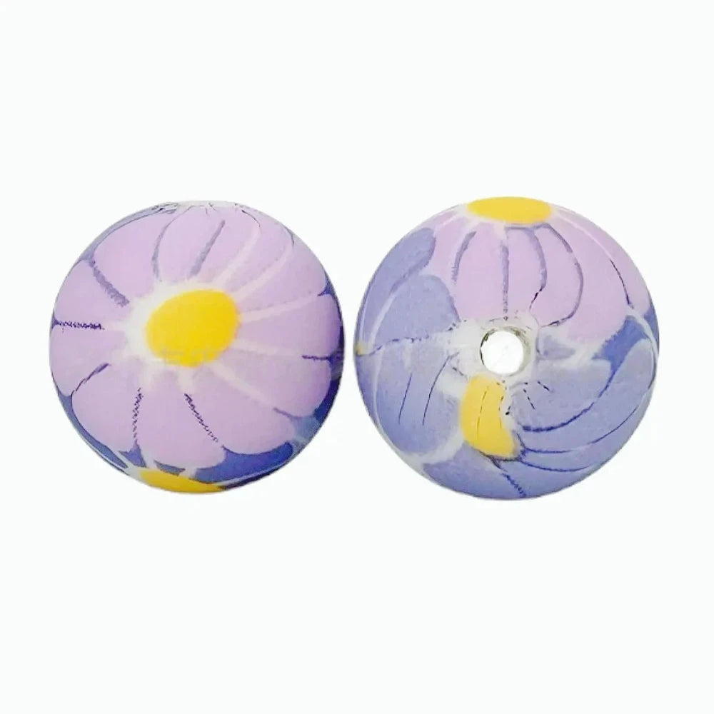 15mm Purple Flower Printed Silicone Bead for DIY Pens Keychain