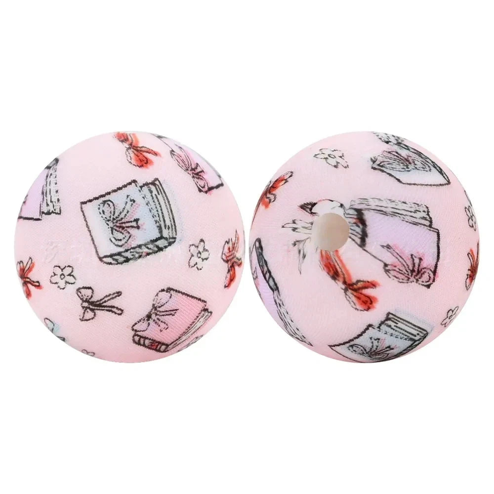 15mm Book Bowtie Flower Printed Silicone Bead for DIY Keychains Pens