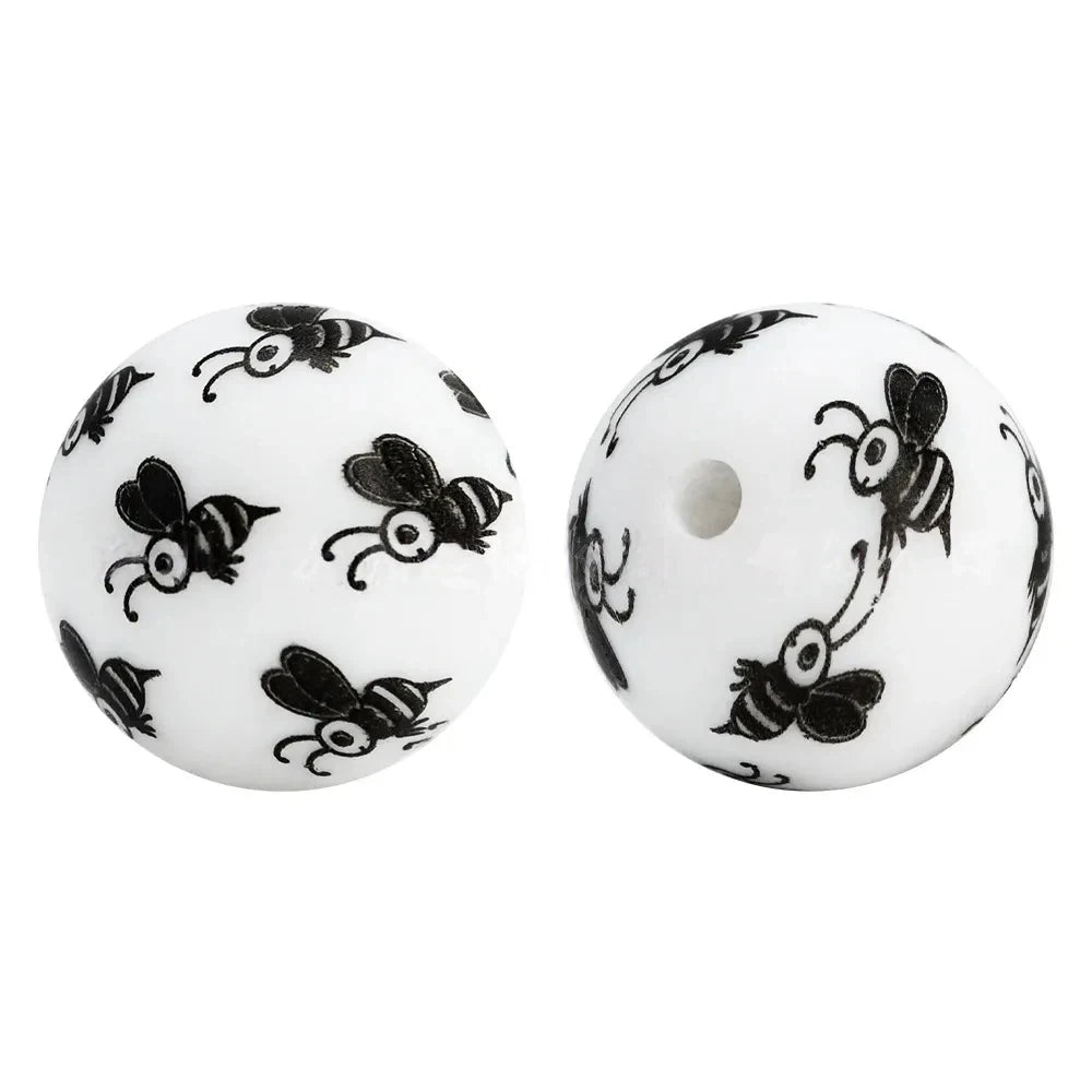 15mm Bees Printed Silicone Bead for DIY Keychains Pens