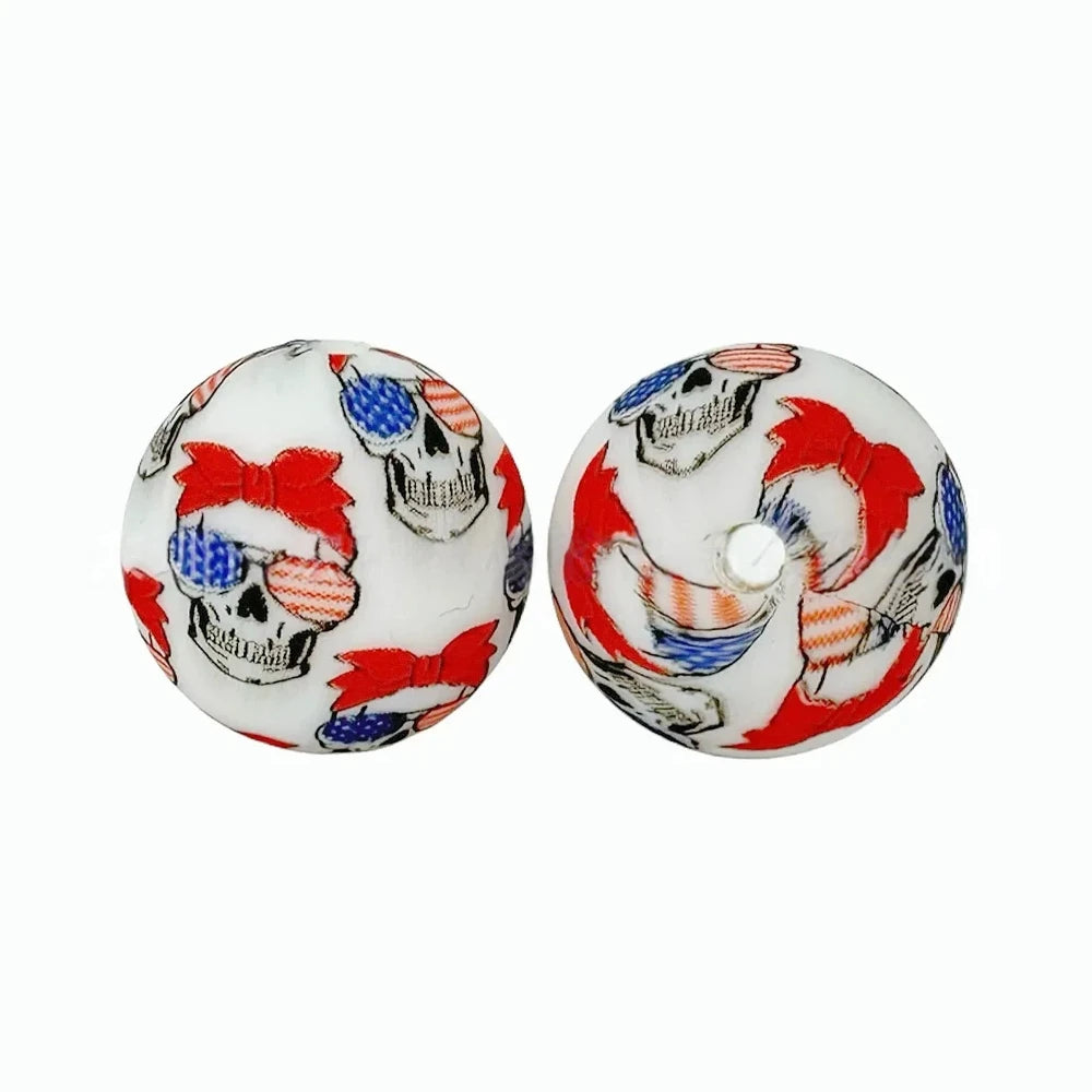 15mm Skull Head with Bow Printed Silicone Bead for DIY Bracelet Pens