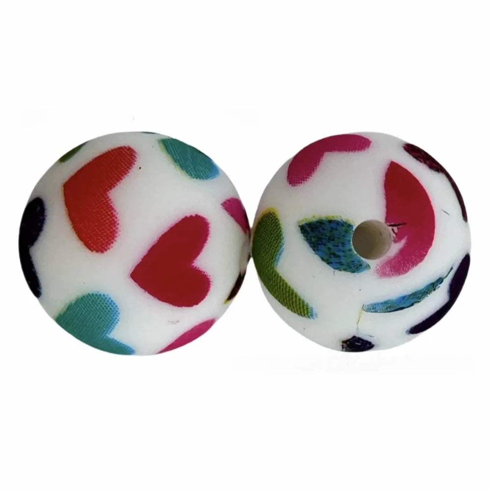 15mm Colorful Heart Printed Silicone Bead for DIY Bracelets Keychains