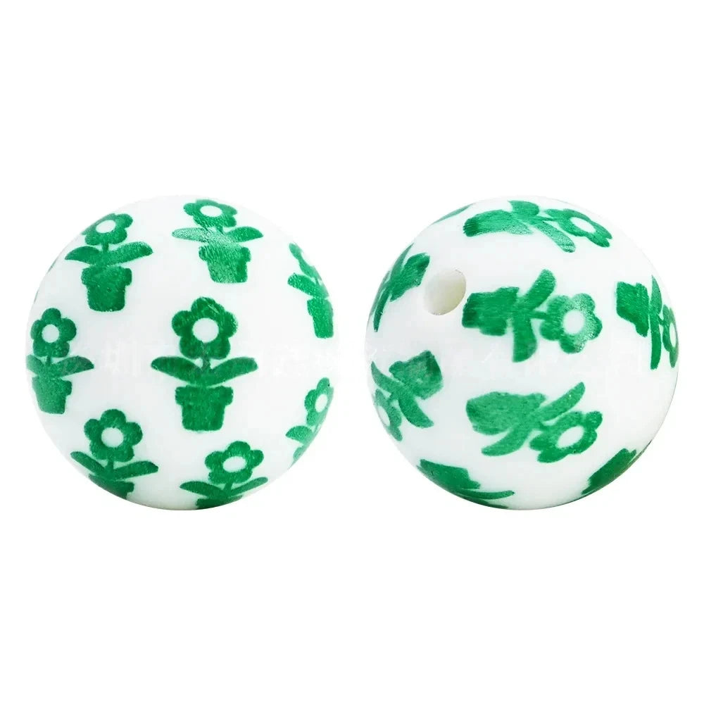 15mm Green Flowers Printed Silicone Bead for DIY Pens Keychains