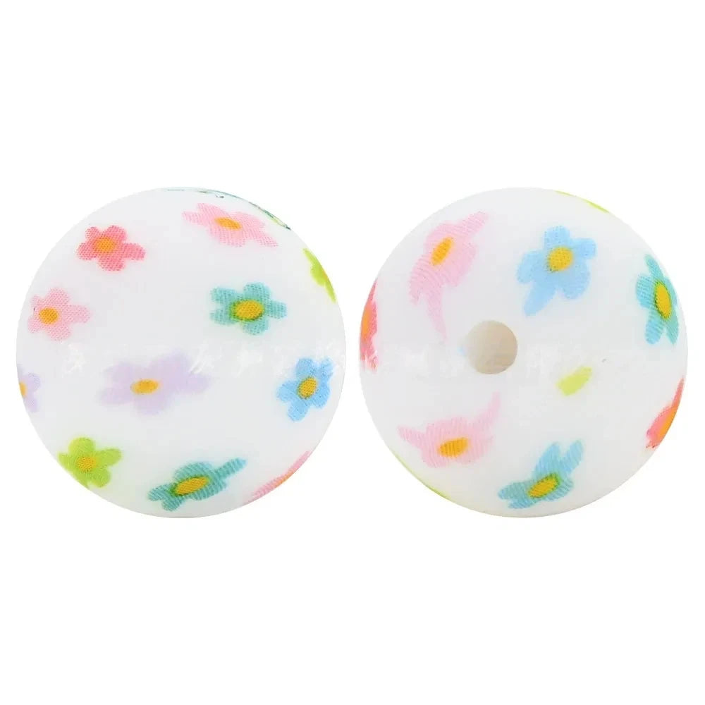 15mm Colorful Flowers Printed Silicone Bead for DIY Keychains Pens