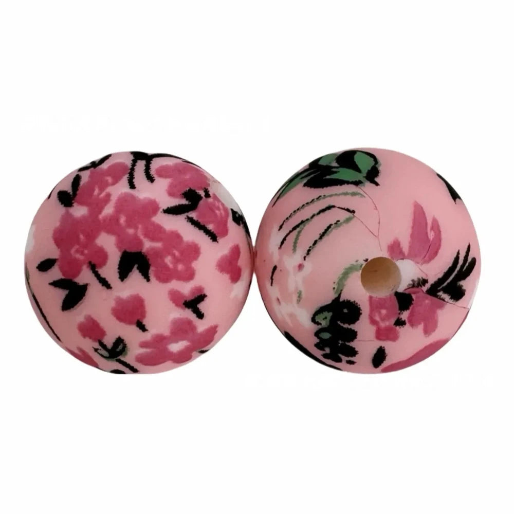 15mm Flowers Printed Silicone Bead for DIY Bracelets Keychains
