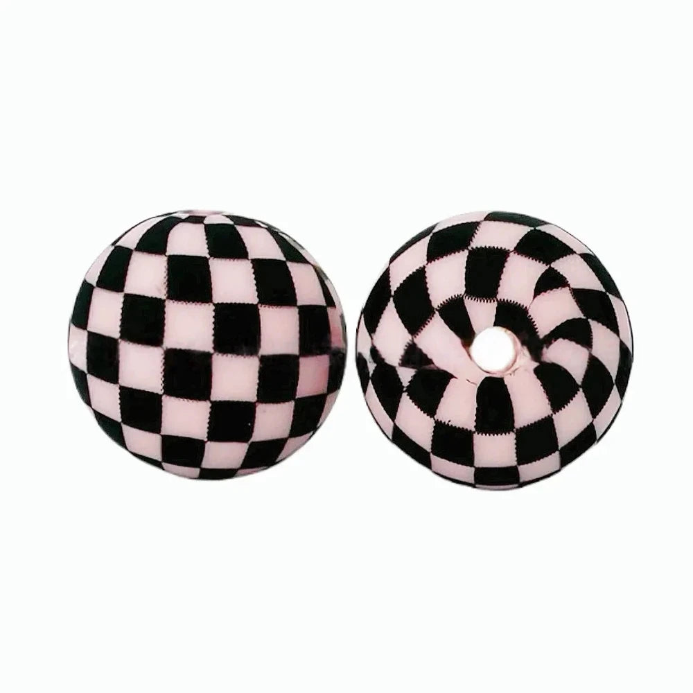 15mm Black and Pink Checkered Pattern Printed Silicone Bead for DIY Pens Keychain