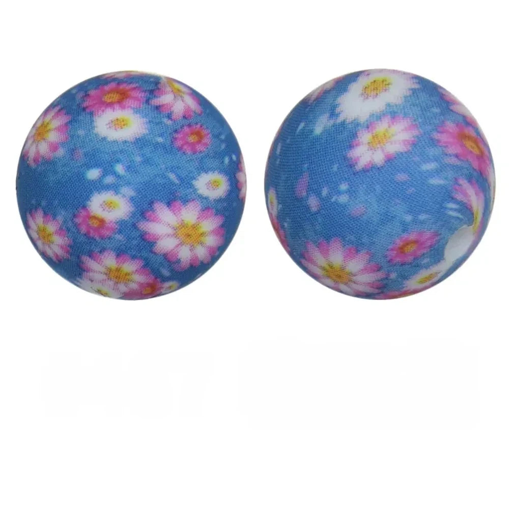 15mm Flower on Blue Printed Silicone Bead for DIY Pens Keychains