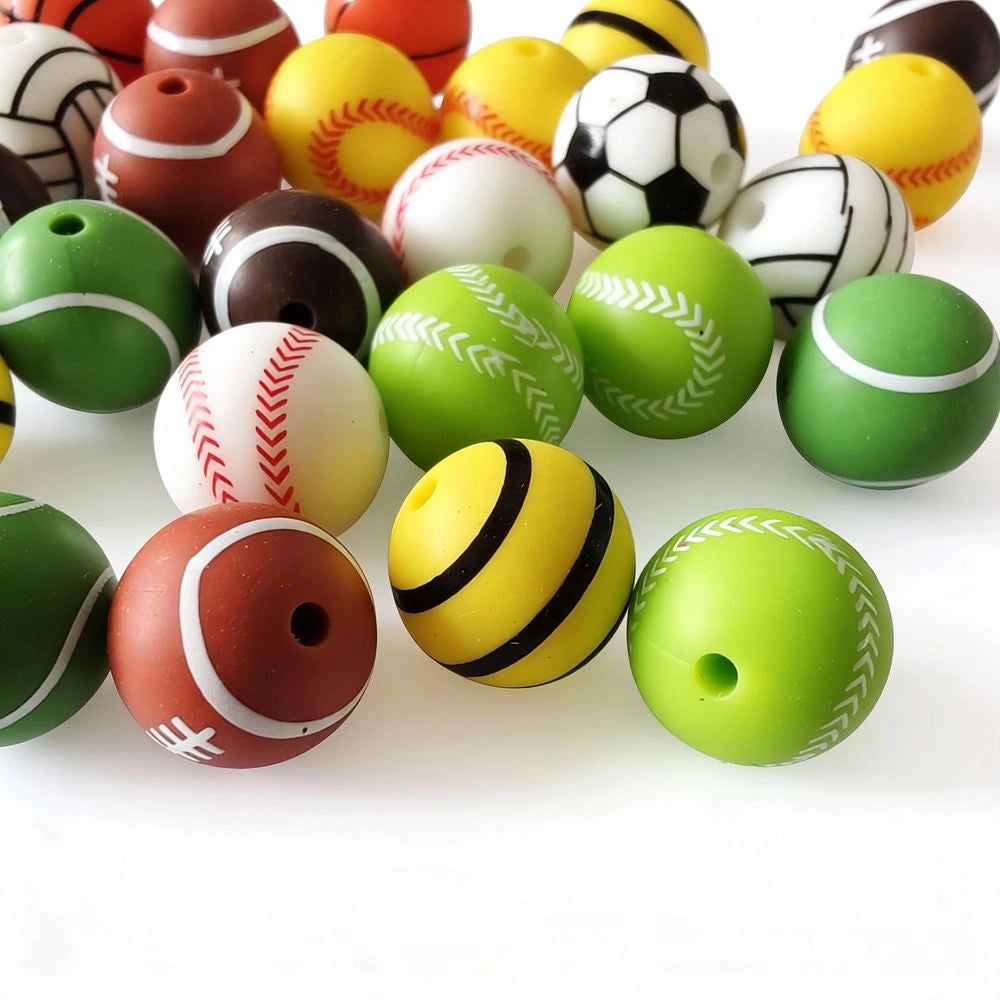 15mm Ball Sports Printed Silicone Bead for DIY Bracelet Keychains