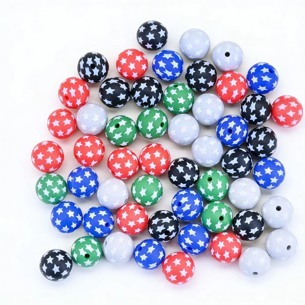 15mm Star Printed Silicone Bead for DIY Pens Bracelets Keychains