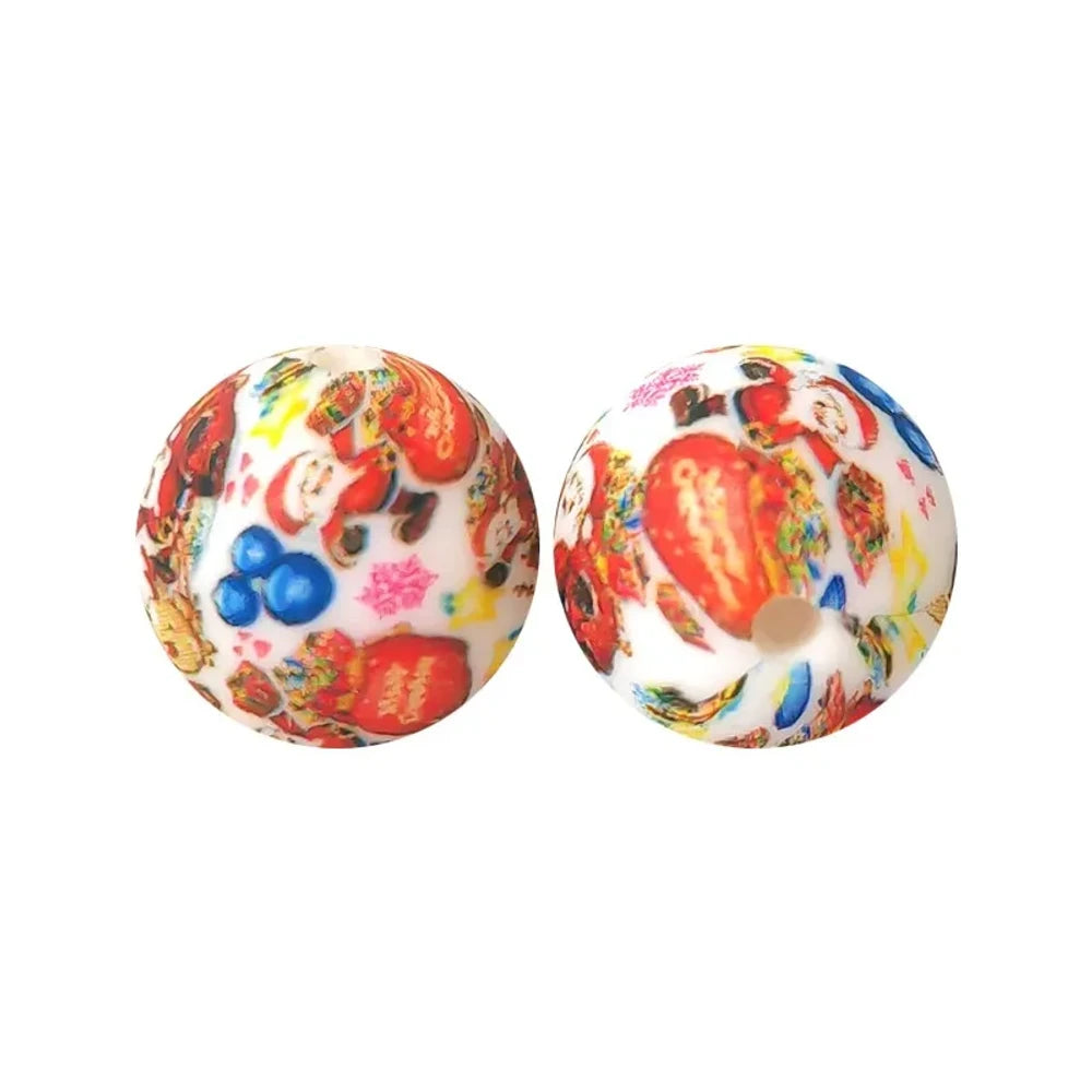 15mm Santa and Gifts Printed Silicone Bead for DIY Keychains Pens
