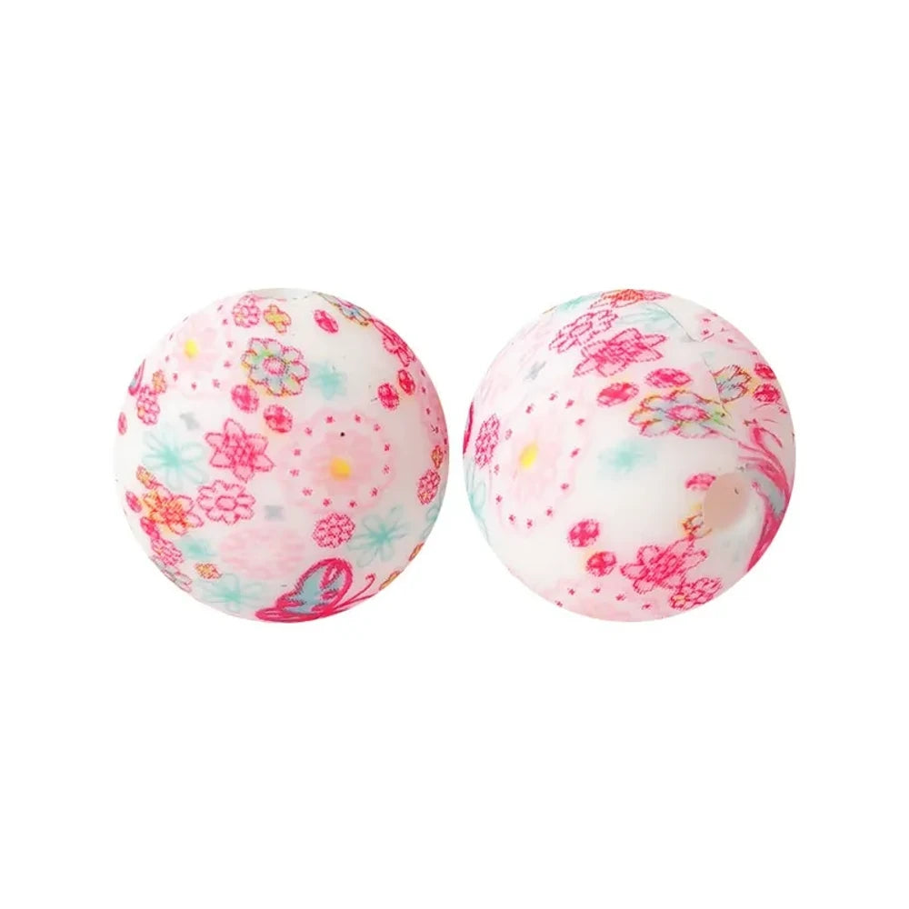 15mm Colorful Flowers Printed Silicone Bead for DIY Bracelet