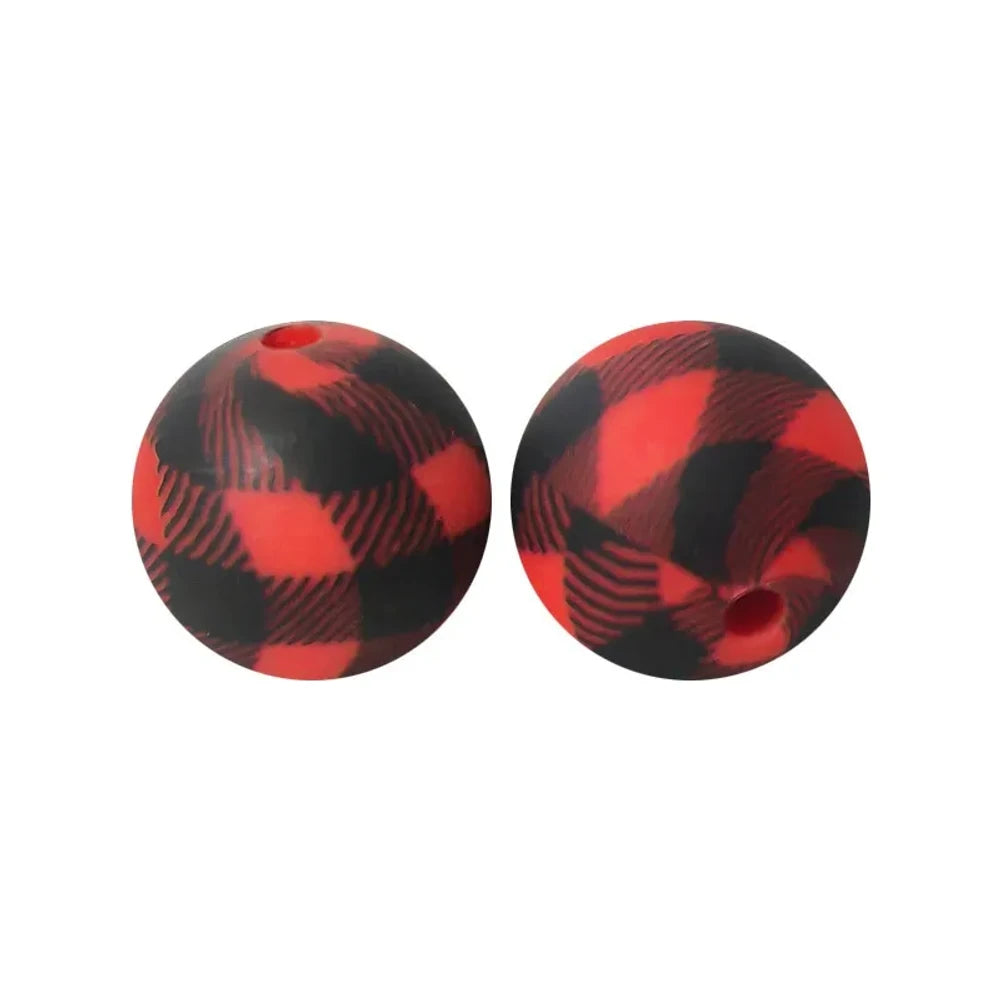 15mm Red and Black Checkered Pattern Printed Silicone Bead for DIY Bracelet Pens Keychains