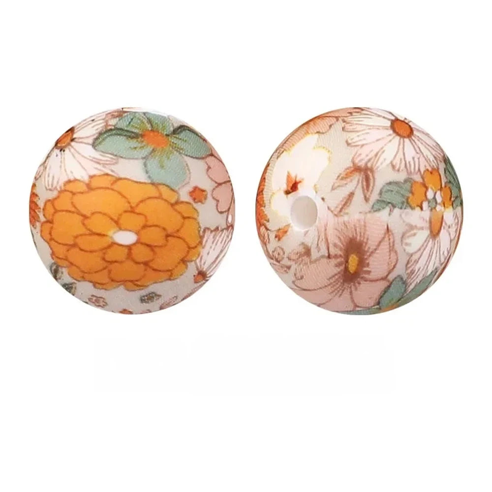 15mm Flower Printed Silicone Bead for DIY Bracelet Keychain
