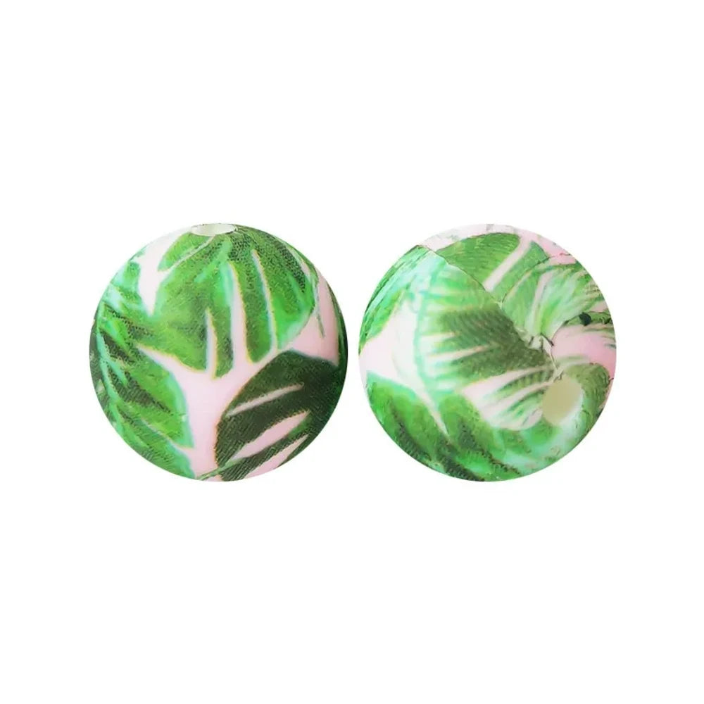 15mm Green Leaves Printed Silicone Bead for DIY Pens Bracelets