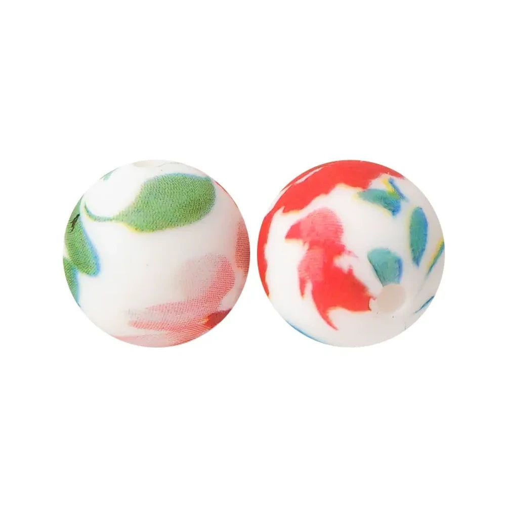 15mm Red Flowers and Green Leaves Printed Silicone Bead for DIY Pens Keychains