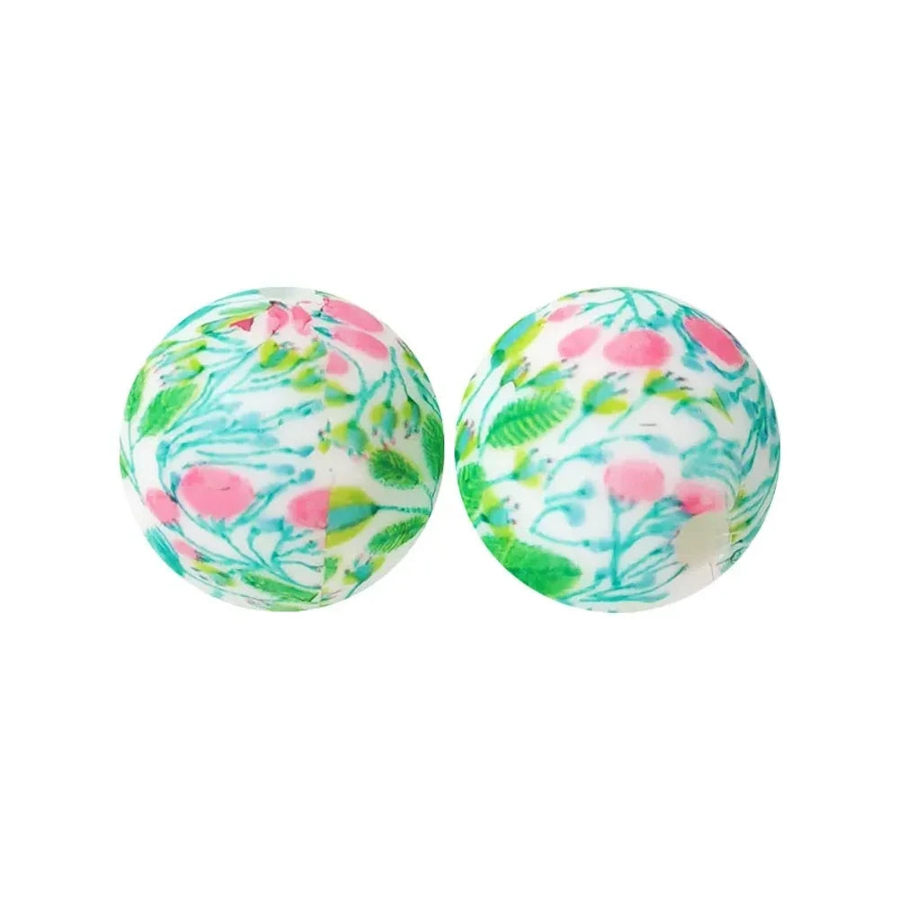 15mm Flowers and Leaves Printed Silicone Bead for DIY Bracelet