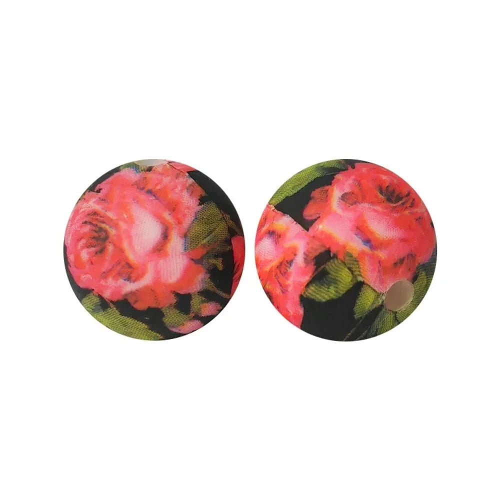15mm Roses Printed Silicone Bead for DIY Keychains Pens