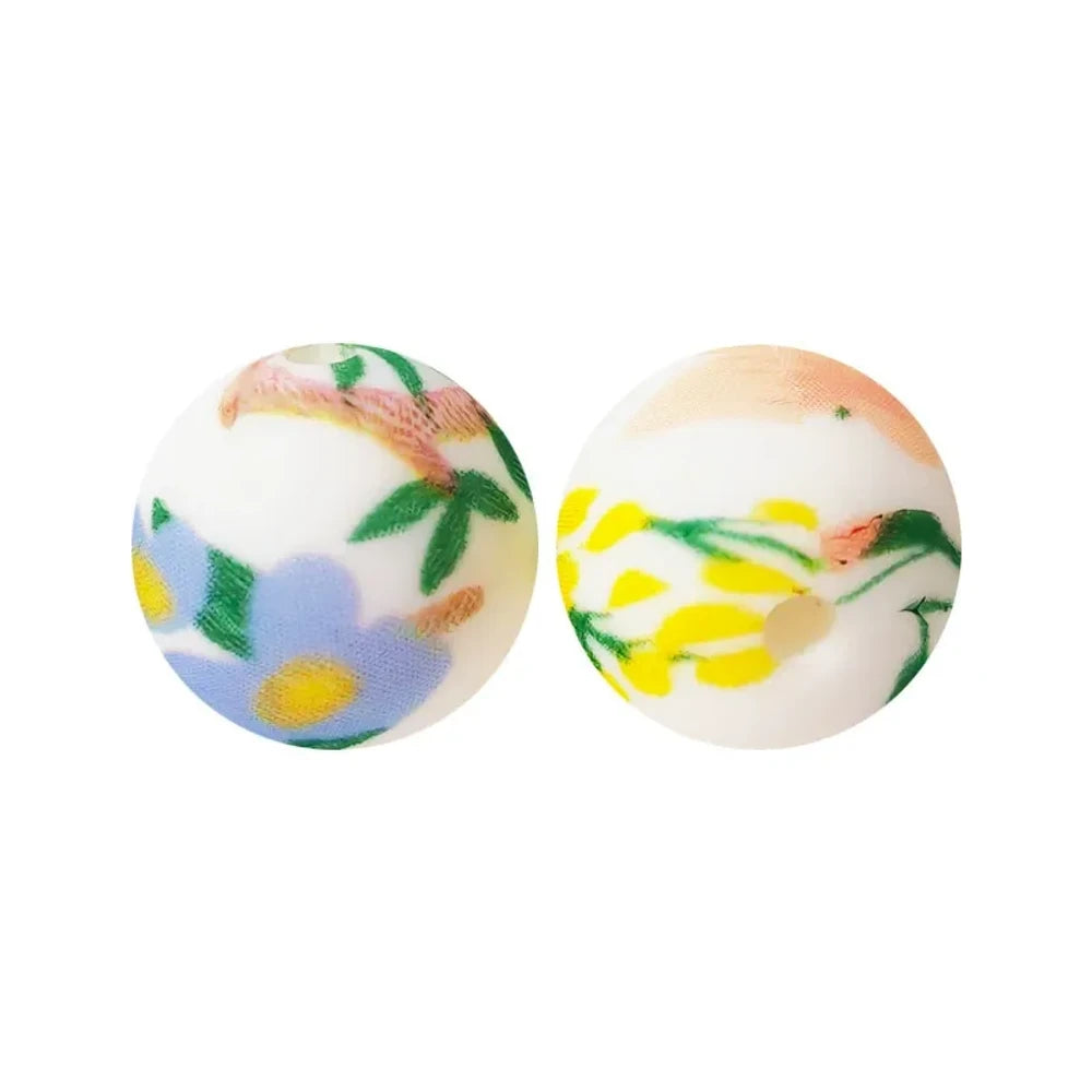 15mm Colorful Flowers Printed Silicone Bead for DIY Pens Keychains