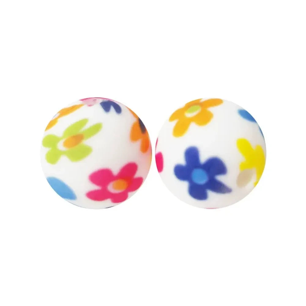 15mm Colorful Flowers Printed Silicone Bead for DIY Bracelets Pens