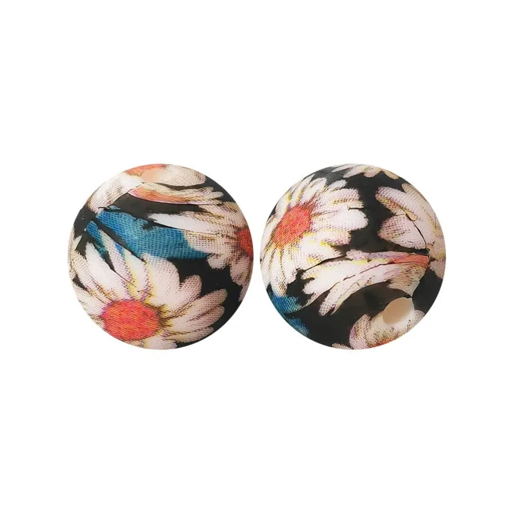 15mm Flowers Printed Silicone Bead for DIY Pens Keychains