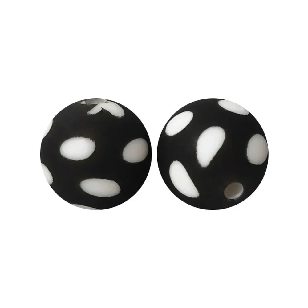 15mm White Dots on Black Printed Silicone Bead for DIY Keychains Pens Bracelet