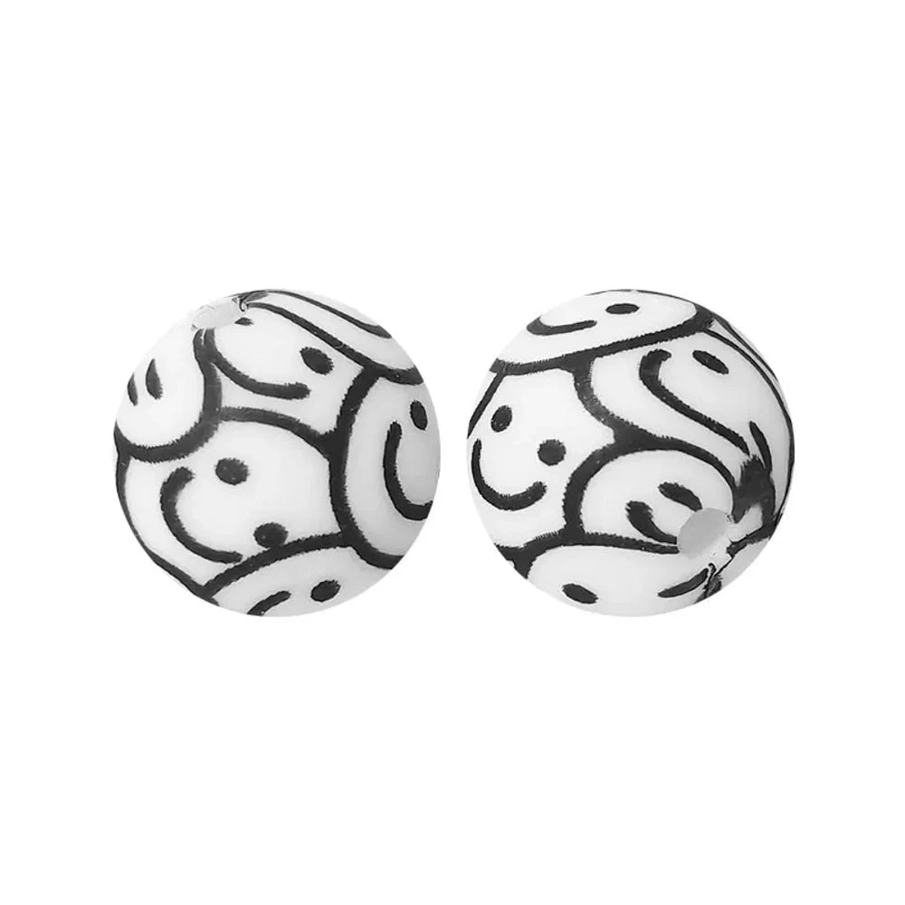 15mm Smiley Face Printed Silicone Bead for DIY Keychains Pens