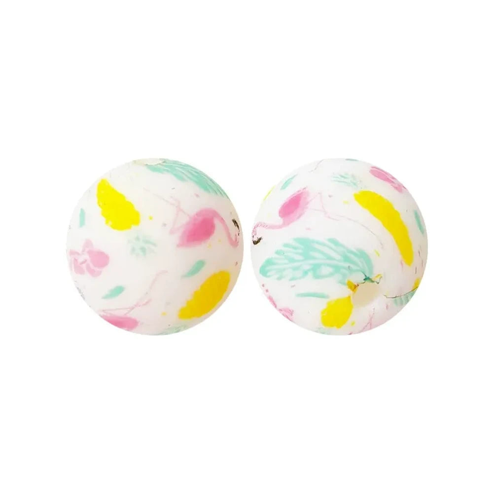 15mm Green Leaf and Yellow Pink Printed Silicone Bead for DIY Keychains Pens Bracelet