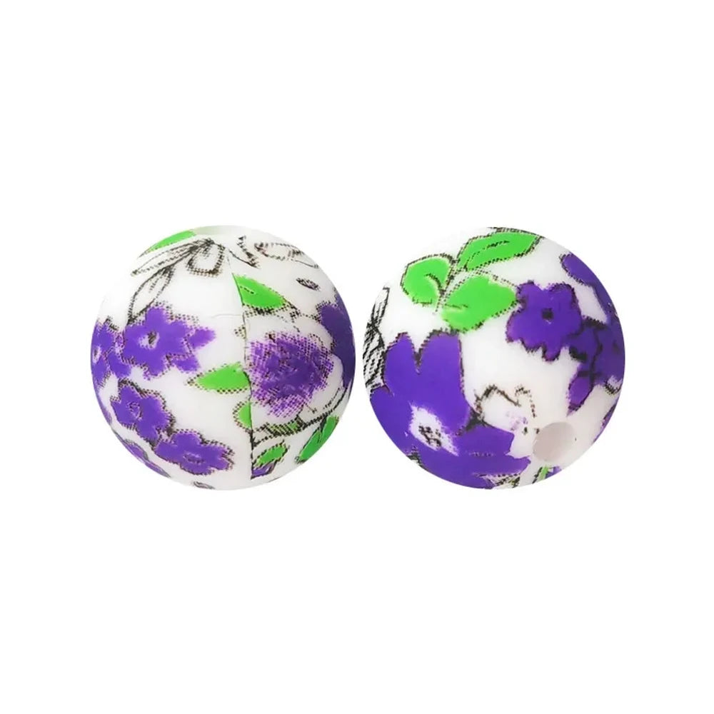 15mm Purple Flower Printed Silicone Bead for DIY Keychains
