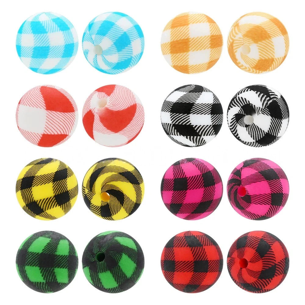 15mm Checkered Pattern Printed Silicone Bead for DIY Pens Bracelets Keychains