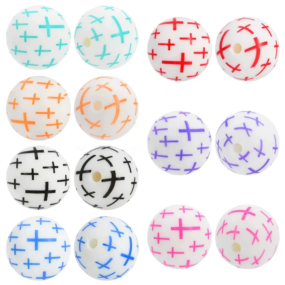 15mm Cross Pattern Printed Silicone Bead for DIY Pens Bracelets Keychains