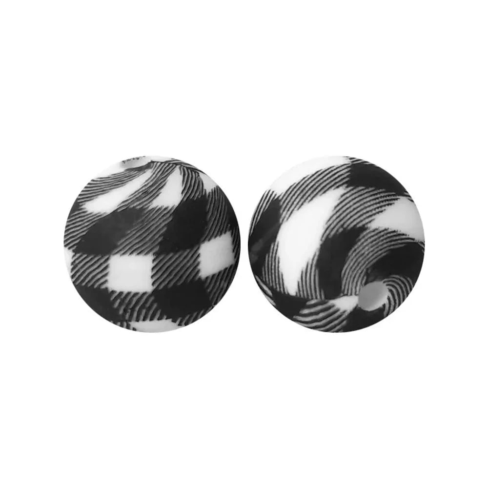 15mm Black and White Checkered Patter Printed Silicone Bead for DIY Keychains Pens Bracelet