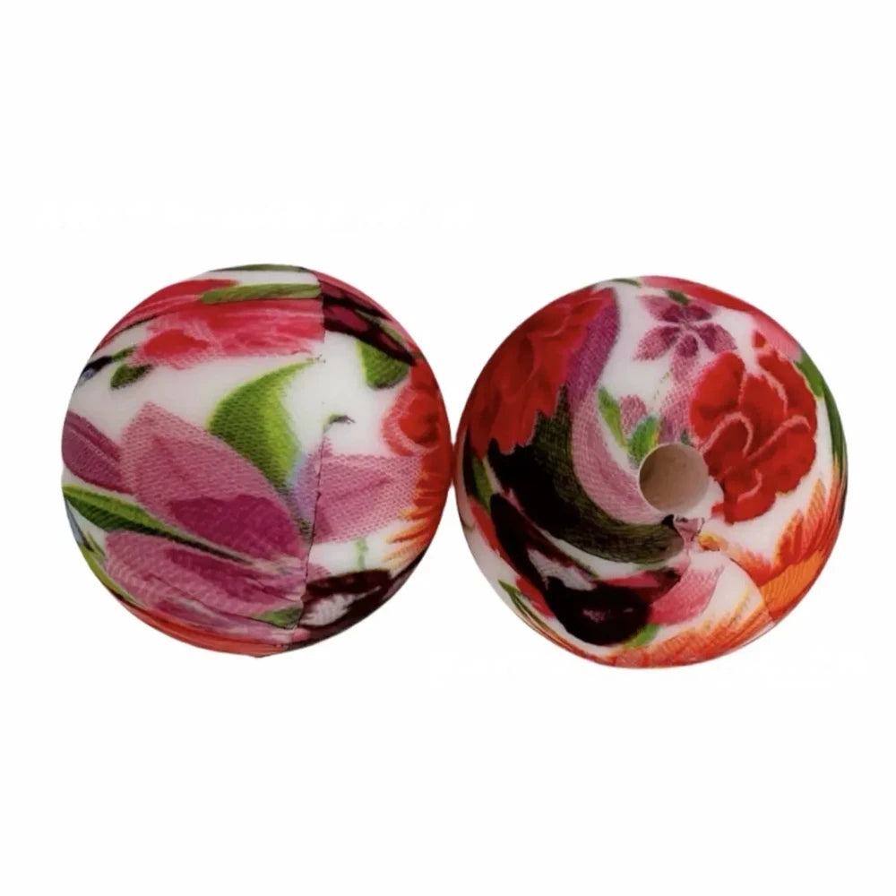 15mm Flower Printed Silicone Bead for DIY Bracelet Keychains