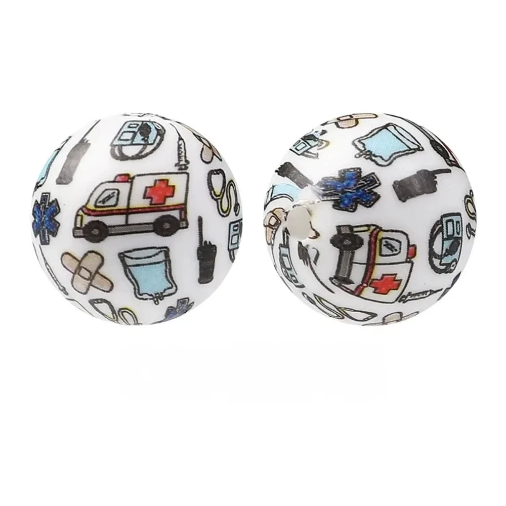 15mm Ambulance Printed Silicone Bead for DIY Pens Keychain