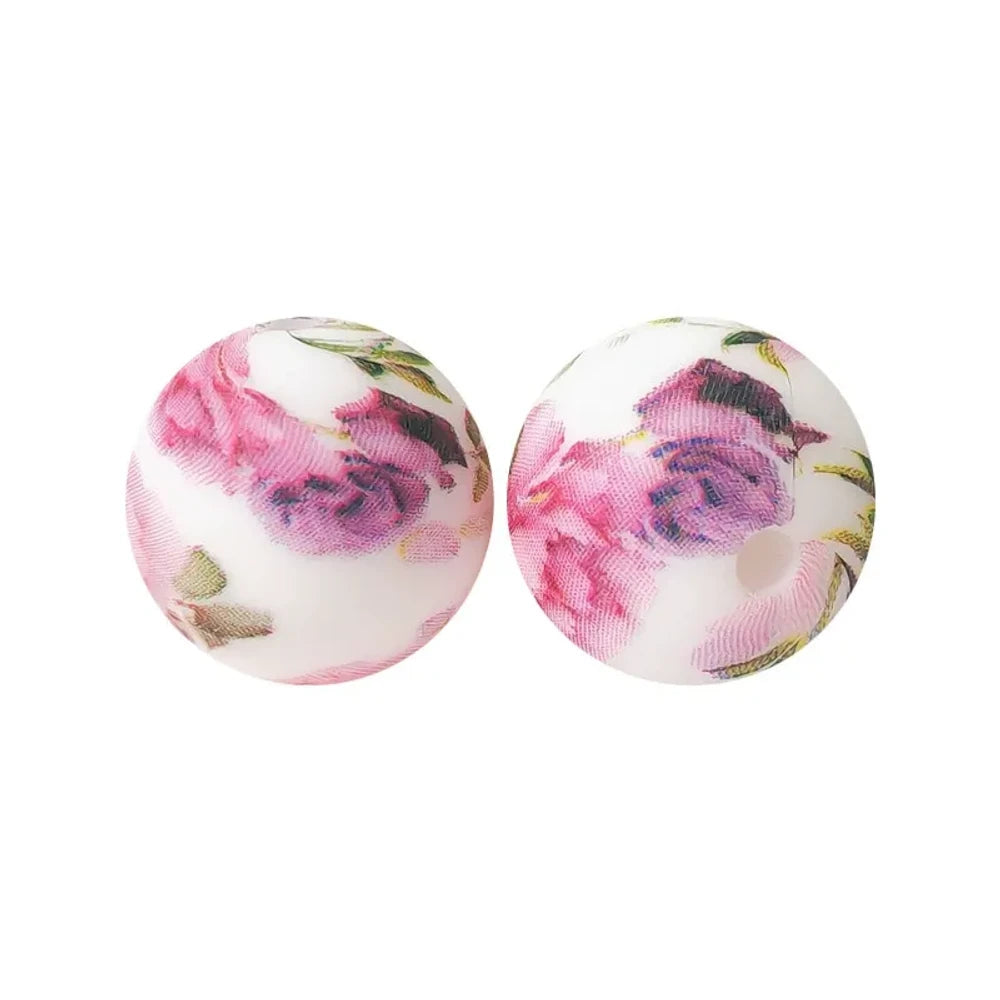 15mm Flowers Printed Silicone Bead for DIY Bracelet Pens Keychains