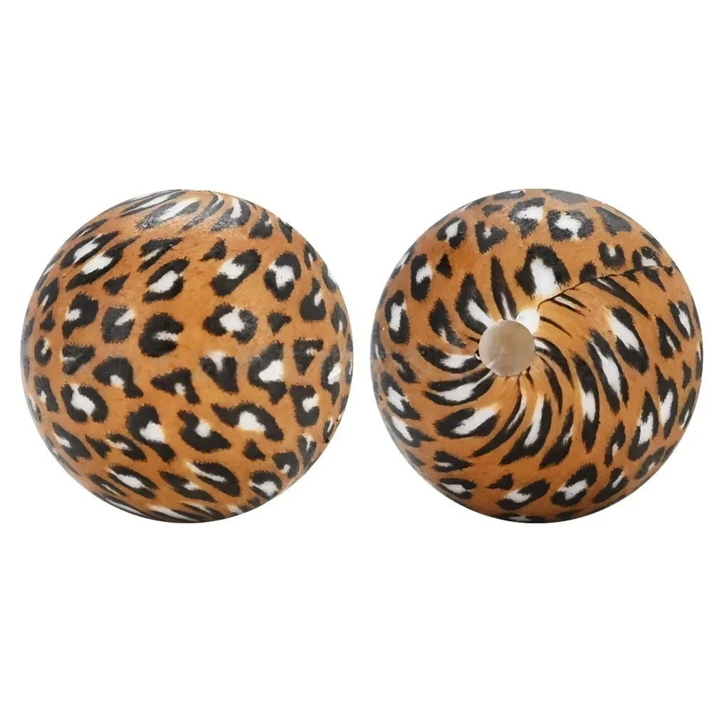 15mm Leopard on Brown Printed Silicone Bead for DIY Keychains Pens