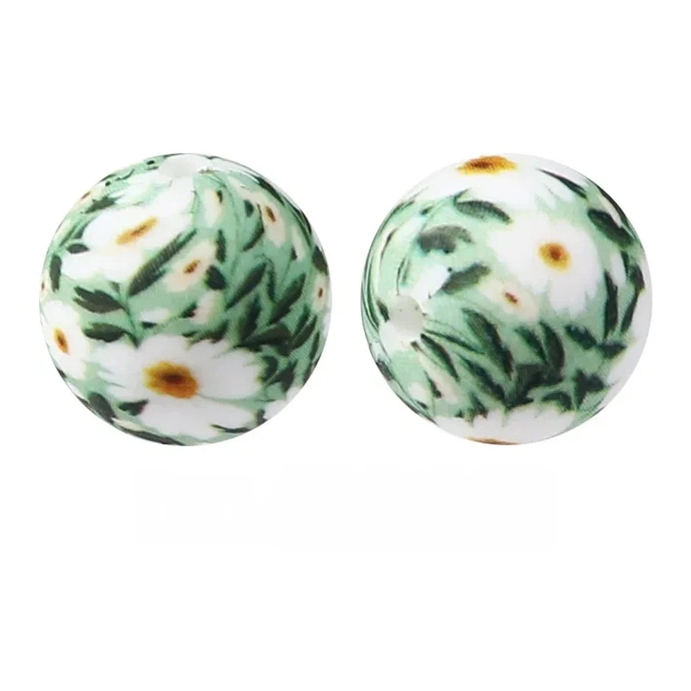 15mm Flowers on Green Printed Silicone Bead for DIY Bracelet Keychain