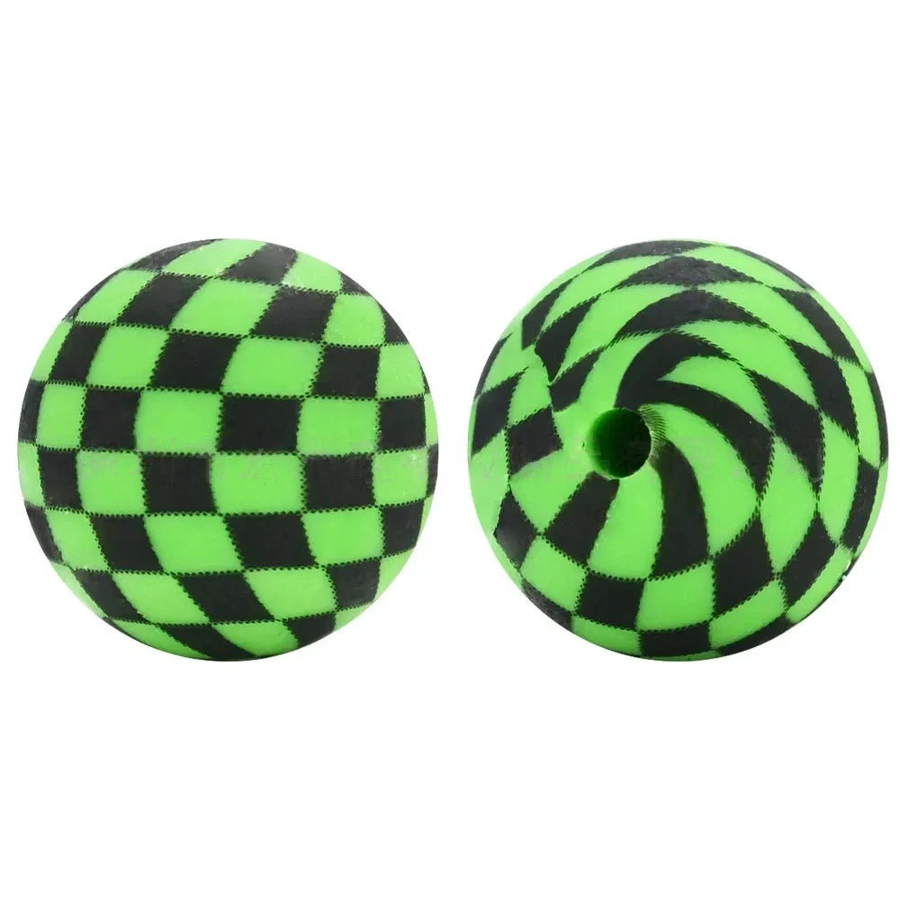 15mm Green and Black Checkered Pattern Printed Silicone Bead for DIY Pens Keychains