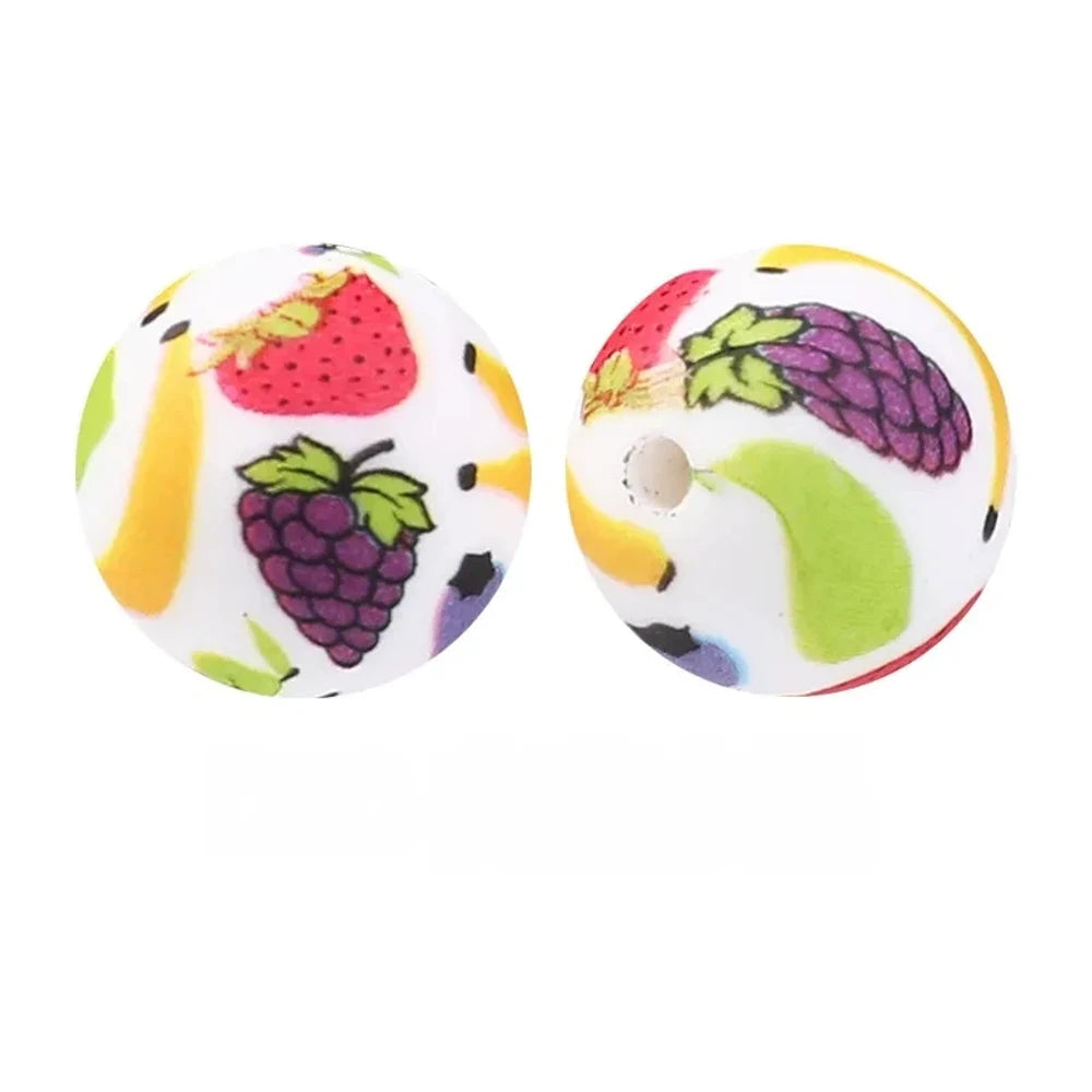 15mm Fruits on White Printed Silicone Bead for DIY Bracelet Keychain