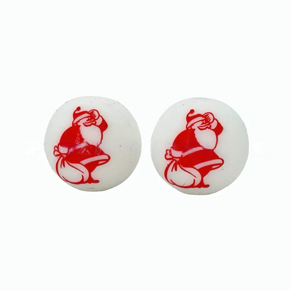 15mm Santa Printed Silicone Bead for DIY Bracelet Keychain