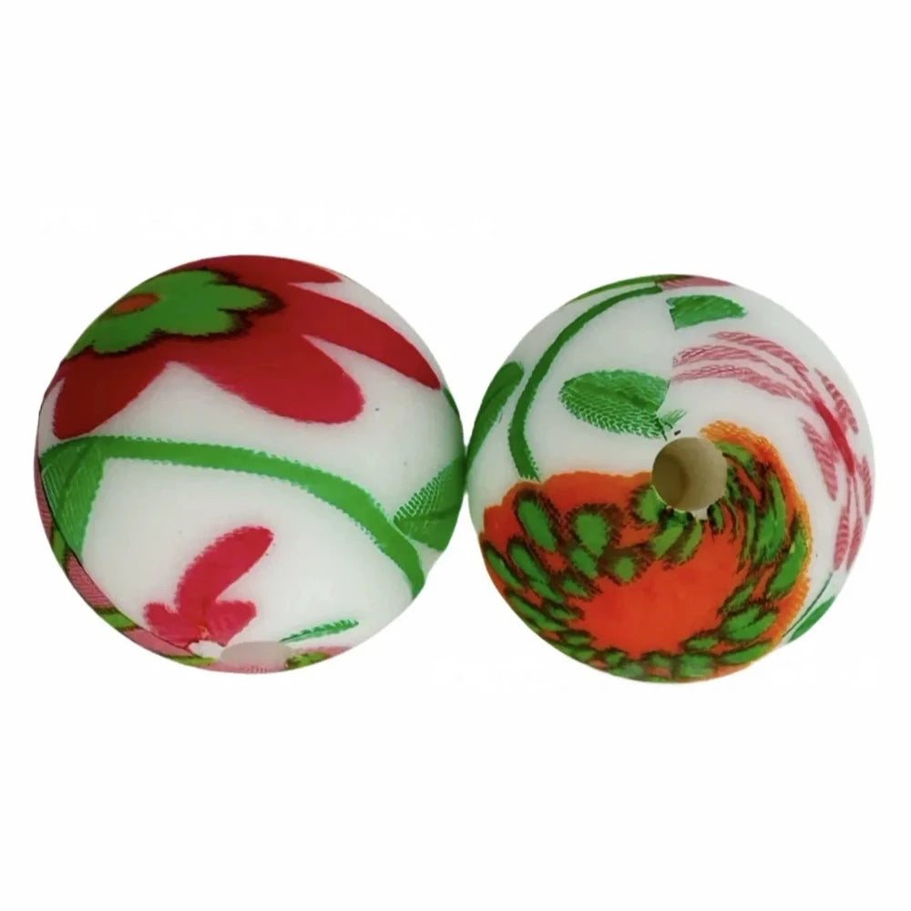 15mm Flower Printed Silicone Bead for DIY Bracelet Keychains