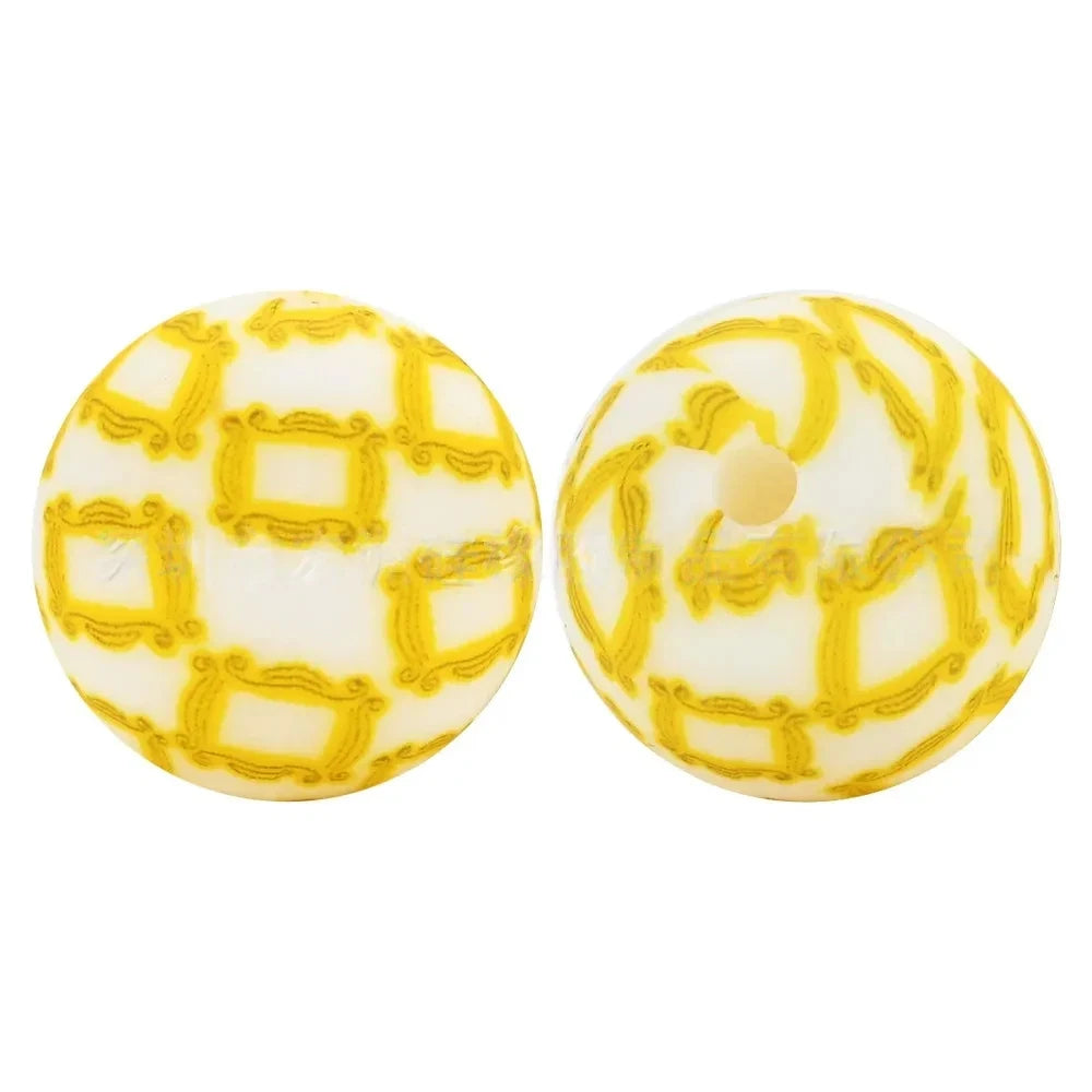 15mm Yellow Frame Printed Silicone Bead for DIY Pens Bracelets Keychains