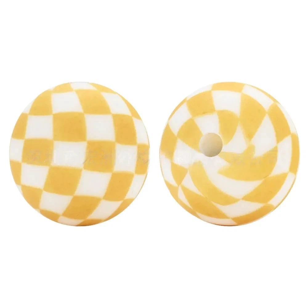 15mm Yellow Checkered Pattern Printed Silicone Bead for DIY Pens Keychains