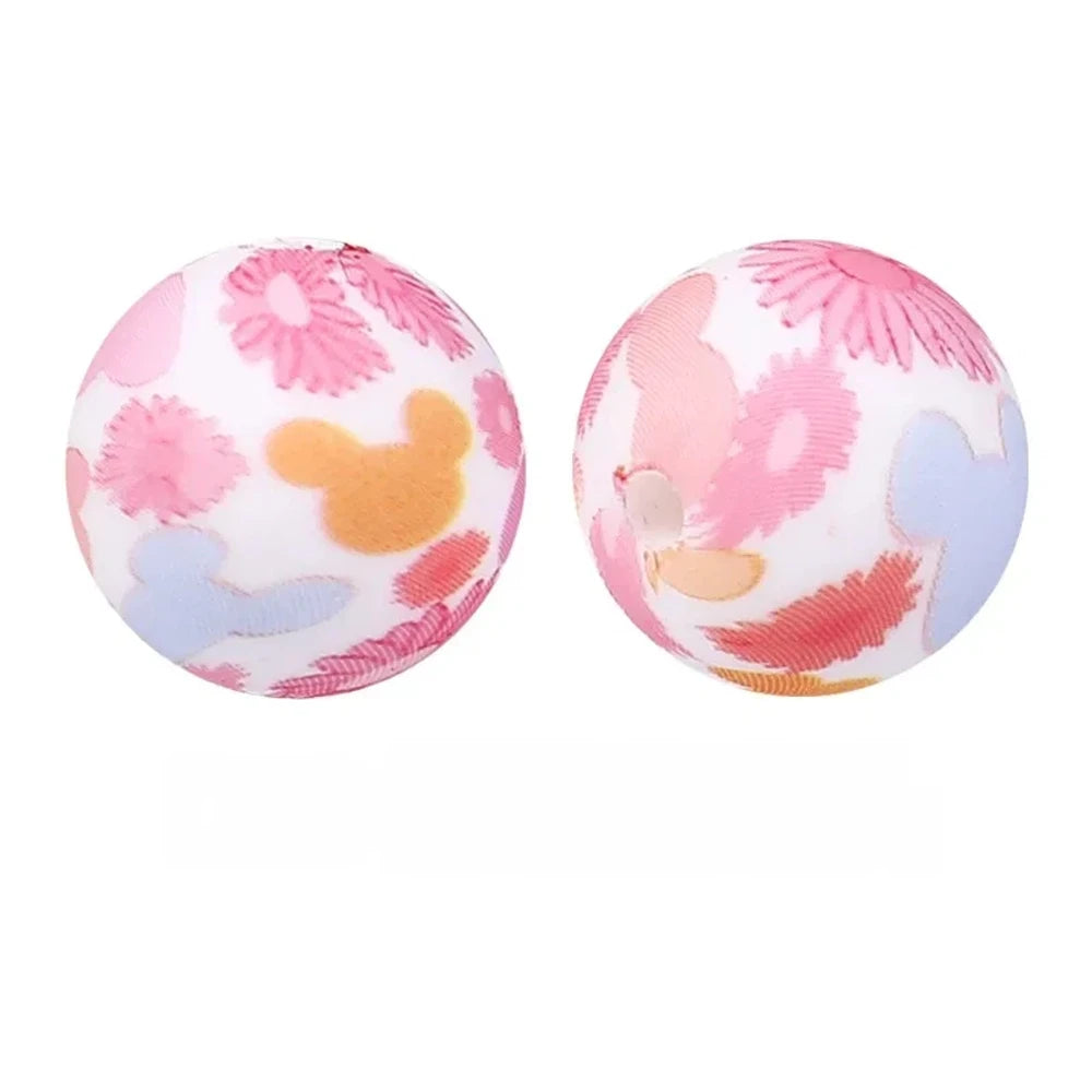 15mm Mouse Flower Printed Silicone Bead for DIY Bracelet Keychains
