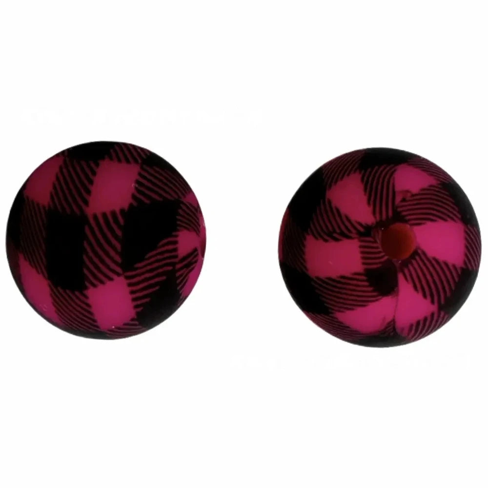 15mm Pink Buffalo Plaid Printed Silicone Bead for DIY Bracelets Pens