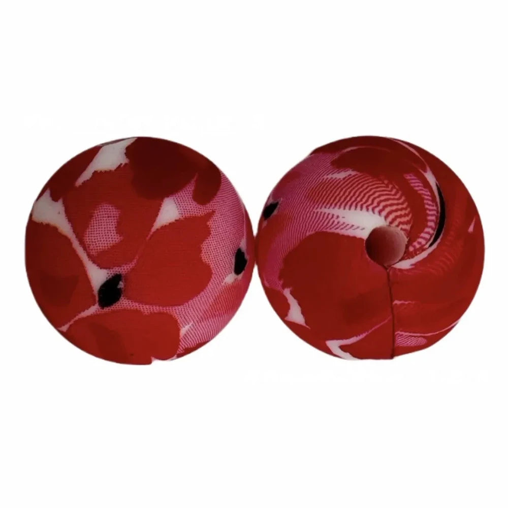 15mm Red Flower Printed Silicone Bead for DIY Bracelet Keychains